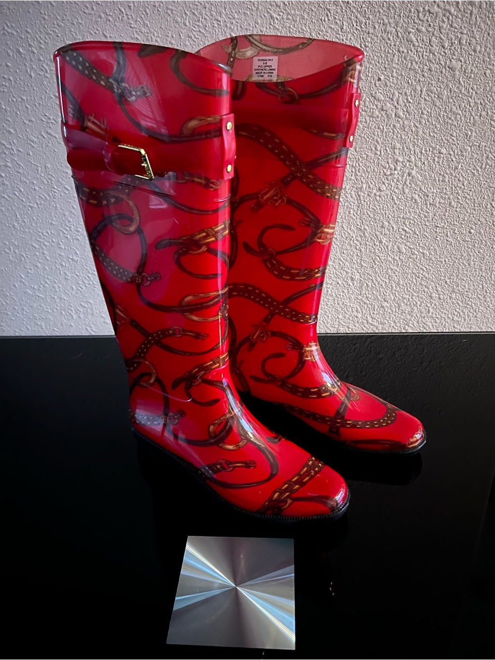 Lauren Ralph Lauren Red Patterned Gloss Rain Boots with Buckle Accent